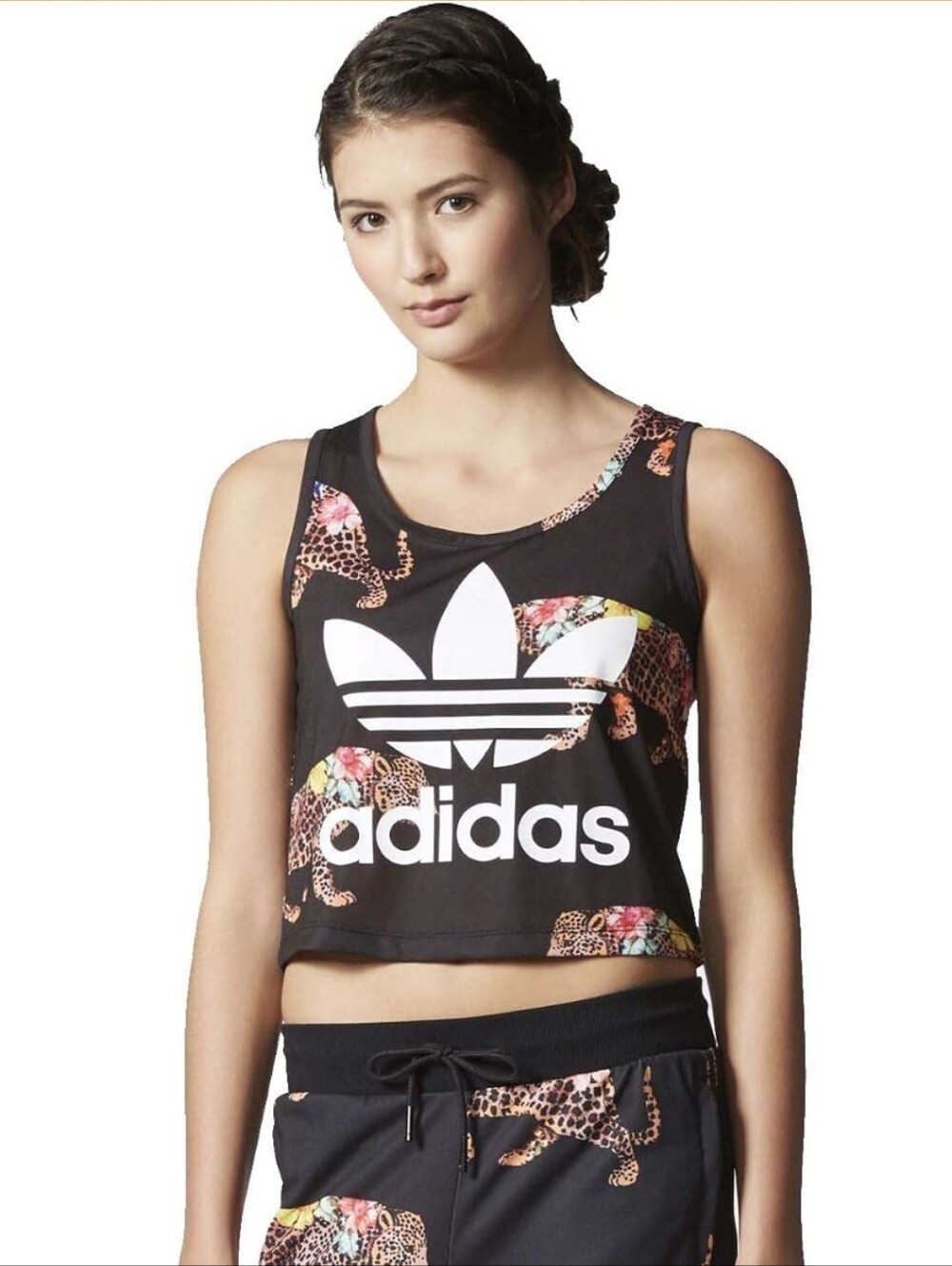 Adidas Originals X Farm Rio Size Small Black Cropped Tank Floral Leopard Print